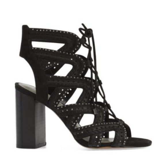1. State Shoes - 1. State Black Leather Cage Block Heel Lace Up Open Toe Studded Sandal Size 5.5